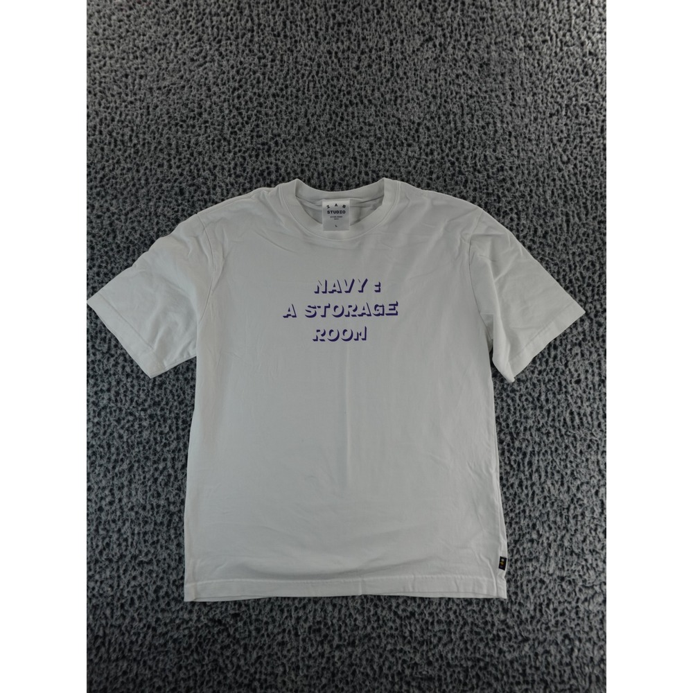 IAB Studio White Graphic T Shirt Navy A Storage Room Logo Print‎ Size L